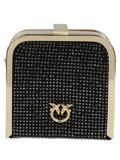 Pinko Rhinestone-embellished Box Clutch Bag In Limo Black-shiny Gold