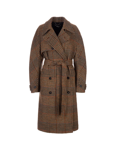 Stella Mccartney Tweed Long Coat With Belt In Brown