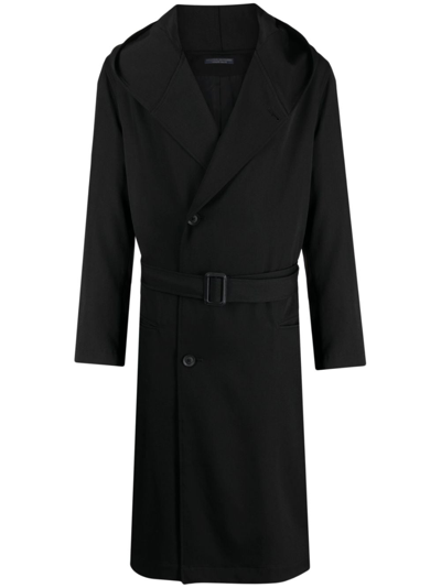 Yohji Yamamoto Belted Hooded Wool Trench Coat In Black