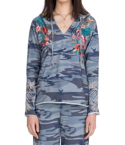 Johnny Was Nohea French Terry Raw Edge Hoodie In Indigo Camo In Blue