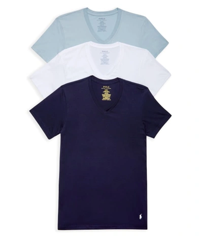 Polo Ralph Lauren Classic Fit Cotton Wicking V-neck T-shirt 3-pack In White,blue,navy