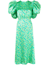 Rotate Birger Christensen Floral Puff-sleeve Satin Midi Dress In Verde