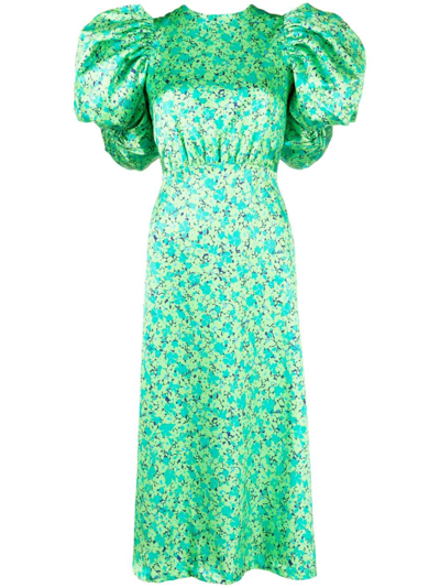 Rotate Birger Christensen Floral Puff-sleeve Satin Midi Dress In Green