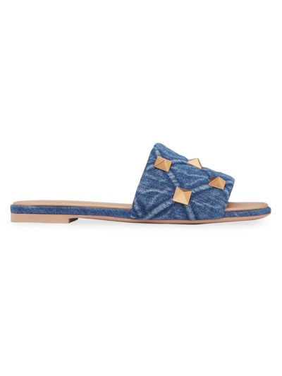 Valentino Garavani Women's Roman Stud Flat Denim Slide Sandals In Blue