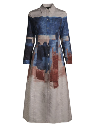 Misook Abstract Print Long Sleeve Button-up Shirtdress In Multi