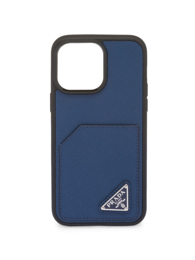 Prada Saffiano Logo Iphone 14 Pro Case In Blue