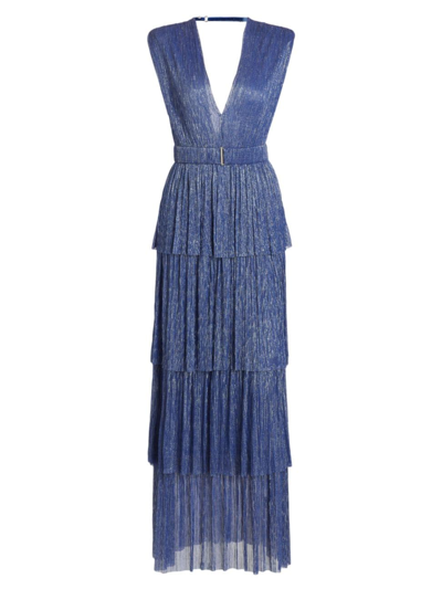 Sabina Musayev Women's Skylar Tiered Belted Metallic Gown In Dark Blue