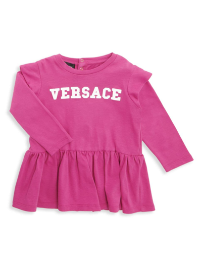 Versace Baby Logo Ruffled Cotton-blend Dress In Fuxia+white