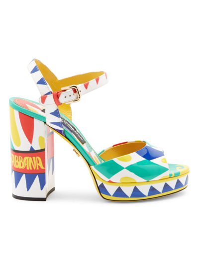 Dolce & Gabbana Printed Patent Leather Sandals In White