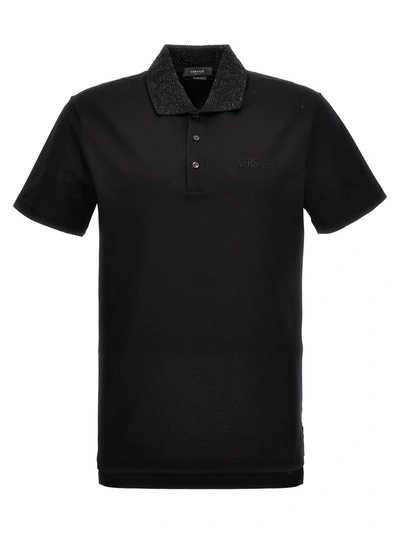 Versace Black Polo Shirt With Logo Embroidery In Nero