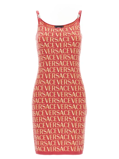 Versace Allover Logo-print Knitted Dress In Pink