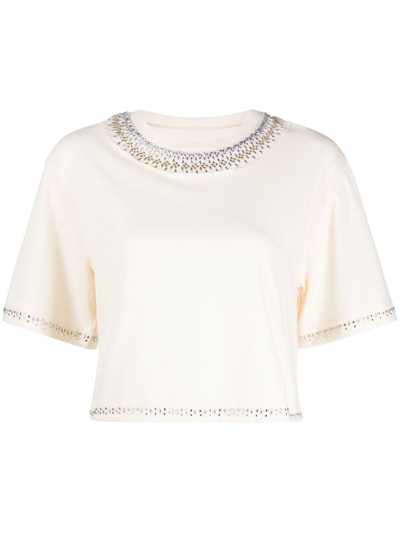 Paco Rabanne Stud-detail Cropped T-shirt In Neutrals