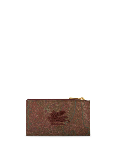 Etro Logo-embroidered Jacquard Leather Wallet In Brown