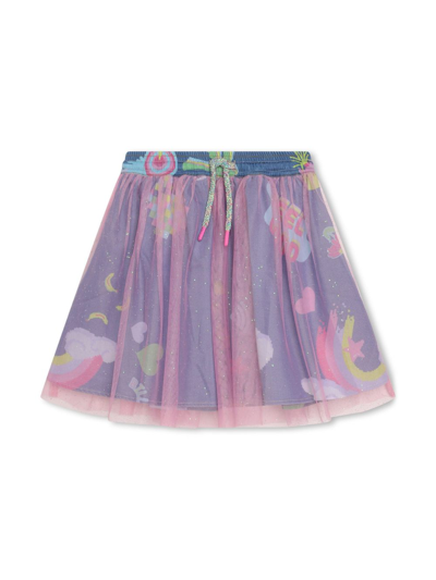 Billieblush Kids' Graphic-print Tulle Denim Skirt In Pink