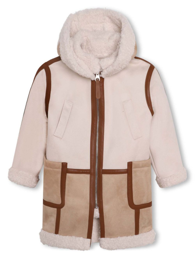 Chloé Kids' Two-tone Zip-up Hooded Coat In Beige