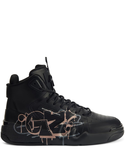 Giuseppe Zanotti Talon Graffiti-print Leather Sneakers In Black