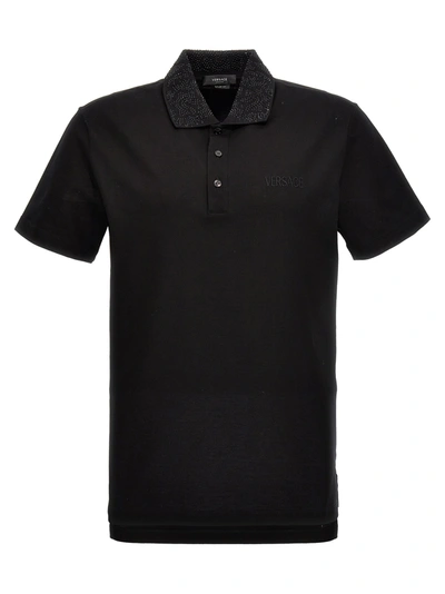 Versace Barocco Silhouette Embellished Polo Shirt In Black