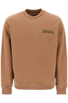 Zegna Crew-neck Sweatshirt With Flocked Logo In Brown