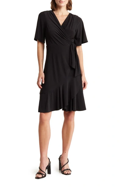 Tash And Sophie Flounce Faux Wrap Dress In Black