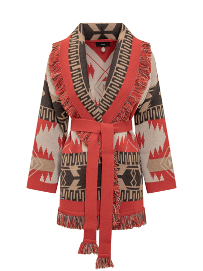 Alanui Geometric Cashmere Jacquard Belted Icon Cardigan In Sand,fire