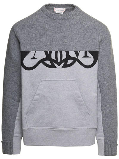 ALEXANDER MCQUEEN GREY CREWNECK SWEATSHIRT WITH LOGO PRINT AT THE FRONT IN WOOL MAN