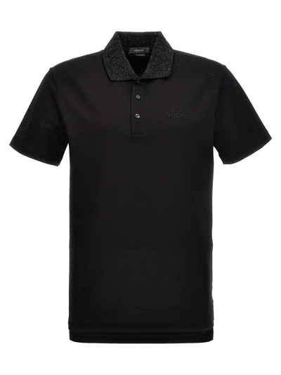 Versace Logo Sequin Polo Shirt In Black