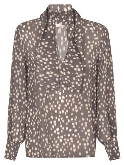 True Royal Printed Scarfed Blouse In Grey/white