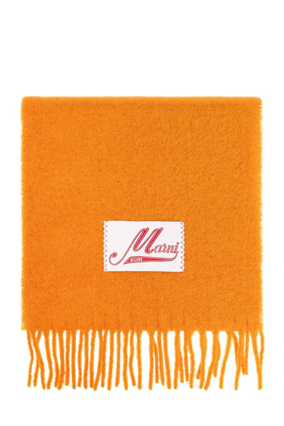 Marni Logo Patch Fringed Scarf In Orange