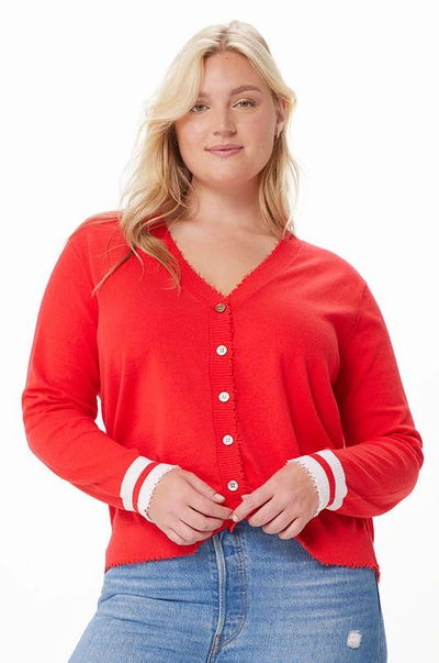 Minnie Rose Cotton Cashmere Frayed Cardigan With Striped Cuff In Red