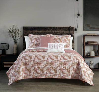 Chic Home Design Serra 5 Piece Quilt Set Watercolor Leaf Print Geometric Pattern Bedding In Pink