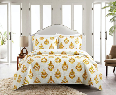 Chic Home Design Brennah 3 Piece Quilt Set Floral Medallion Print Design Bedding In Yellow