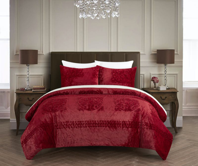 Chic Home Design Amyra 5 Piece Comforter Set Embossed Mandala Pattern Faux Fur Micromink Backing Bed In Red