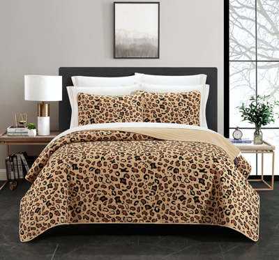 Chic Home Design Serengeti 6 Piece Quilt Set Cheetah Inspired Animal Pattern Print Bed In A Bag In Brown