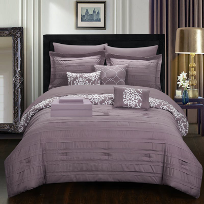 Chic Home Design Zarina 10 Piece Reversible Comforter Bed In A Bag Ruffled Pinch Pleat Motif Pattern In Purple