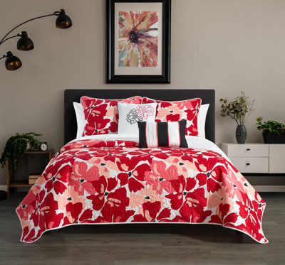 Chic Home Design Astra 9 Piece Quilt Set Contemporary Floral Design Bed In A Bag In Red