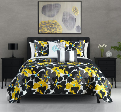 Chic Home Design Astra 9 Piece Quilt Set Contemporary Floral Design Bed In A Bag In Black