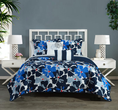 Chic Home Design Astra 9 Piece Quilt Set Contemporary Floral Design Bed In A Bag In Blue