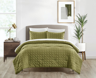 Chic Home Design Jessa 3 Piece Comforter Set Washed Garment Technique Geometric Square Tile Pattern  In Green