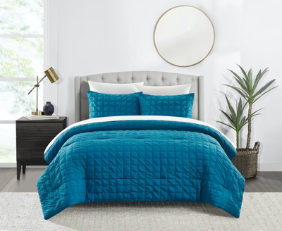 Chic Home Design Jessa 7 Piece Comforter Set Washed Garment Technique Geometric Square Tile Pattern  In Blue