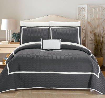 Chic Home Design Nero 8 Piece Quilt Cover Set Hotel Collection Two Tone Banded Geometric Embroidered In Grey