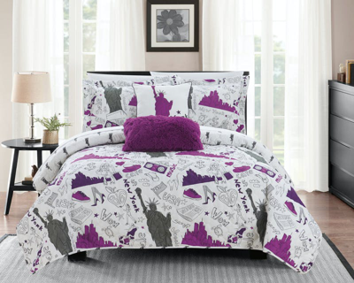 Chic Home Design Bay Park 4 Piece Reversible Quilt Set Bay Park City Inspired Printed Design Coverle In Purple