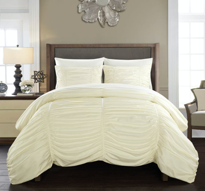 Chic Home Design Aurora 5 Piece Comforter Set Contemporary Striped Ruched Ruffled Design Bed In A Ba In White