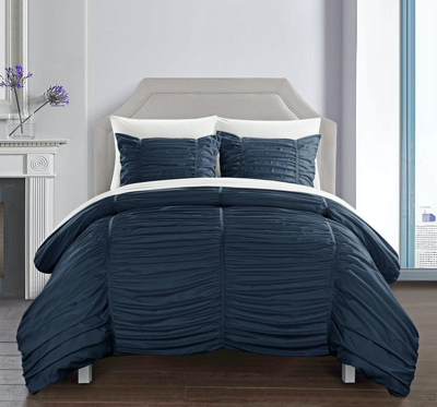 Chic Home Design Aurora 5 Piece Comforter Set Contemporary Striped Ruched Ruffled Design Bed In A Ba In Blue