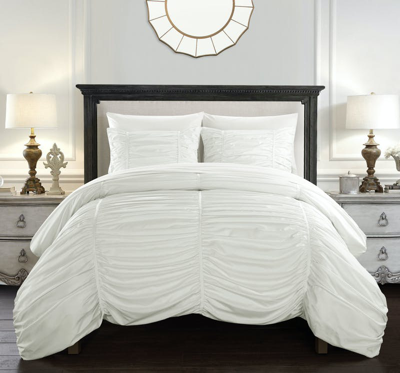 Chic Home Design Aurora 3 Piece Comforter Set Contemporary Striped Ruched Ruffled Design Bedding In White