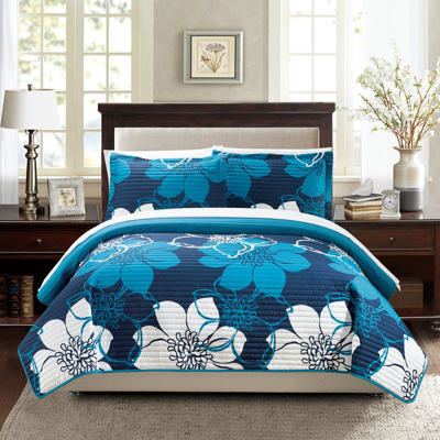 Chic Home Design Chase 2 Piece Quilt Set Abstract Large Scale Printed Floral In Blue