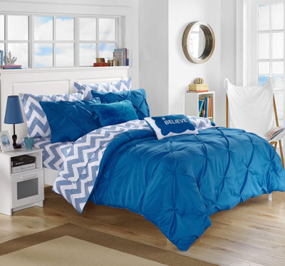 Chic Home Design Foxville 7 Piece Reversible Comforter Bed In A Bag Ruffled Pinch Pleat Geometric Ch In Blue