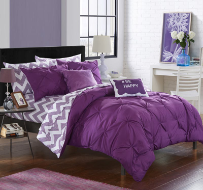 Chic Home Design Foxville 9 Piece Reversible Comforter Bed In A Bag Ruffled Pinch Pleat Geometric Ch In Purple