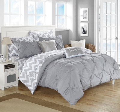 Chic Home Design Foxville 7 Piece Reversible Comforter Bed In A Bag Ruffled Pinch Pleat Geometric Ch In Grey