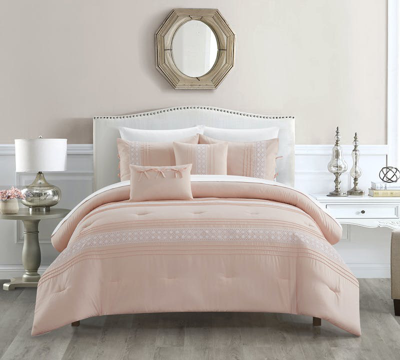 Chic Home Design Brice 7 Piece Comforter Set Pleated Embroidered Design Bed In A Bag In Pink