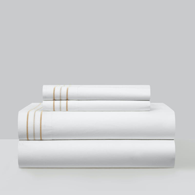 Chic Home Design Freia 4 Piece Organic Cotton Sheet Set Solid White With Dual Stripe Embroidery Zipp In Yellow